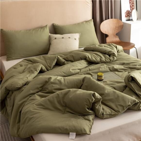 Queen Comforter Set Olive Green, 3pcs Bedding Sets Queen - Picture 3 of 8